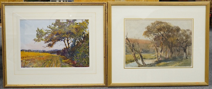 Early to mid 20th century English School, pair of watercolours, Rural landscapes, unsigned, 24 x 34cm. Condition - fair